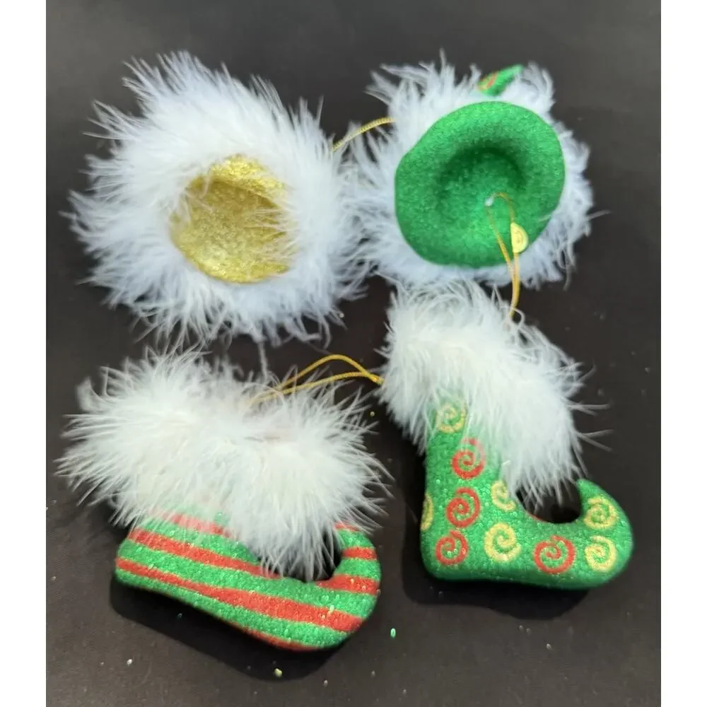 2 Vintage Department 56 Whimsical Elf Shoes & Hat Christmas ornaments -Lo10